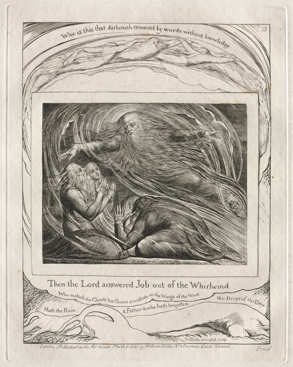 Het Boek Job: Pl. 13, Toen antwoordde de Heer Job uit de Wervelwind door William Blake