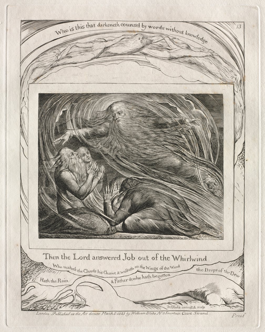 Het boek Job: Pl. 13, Toen antwoordde de Heer Job uit de wervelwind, 1825 door William Blake