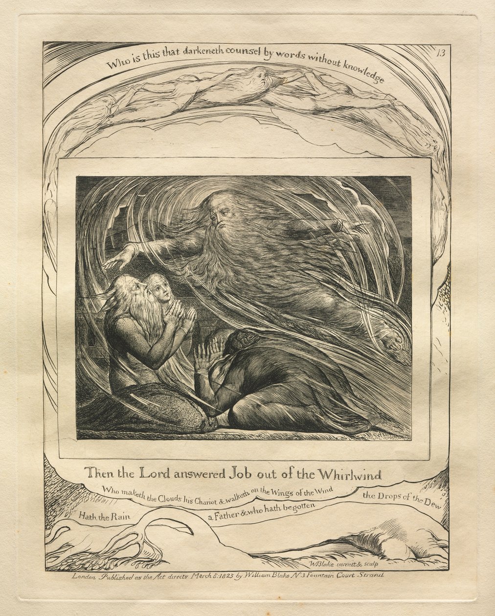 Het Boek van Job: Pl. 13, Toen antwoordde de Heer Job uit de Wervelwind, 1825 door William Blake