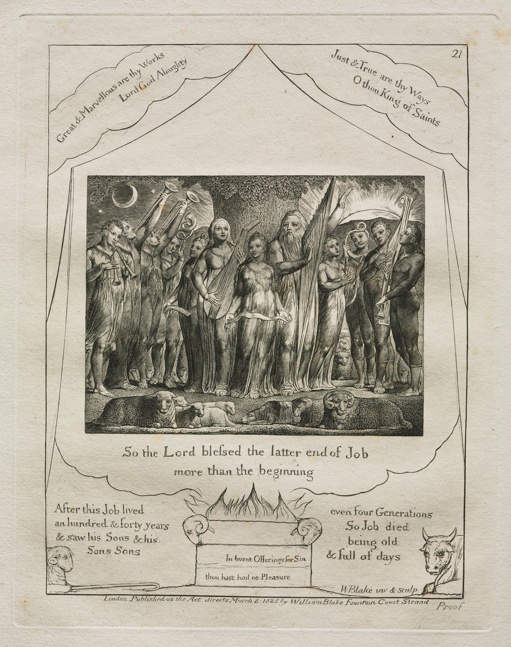 Het Boek van Job: Pl. 21, Zo zegende de Heer het latere leven van Job meer dan het eerdere door William Blake
