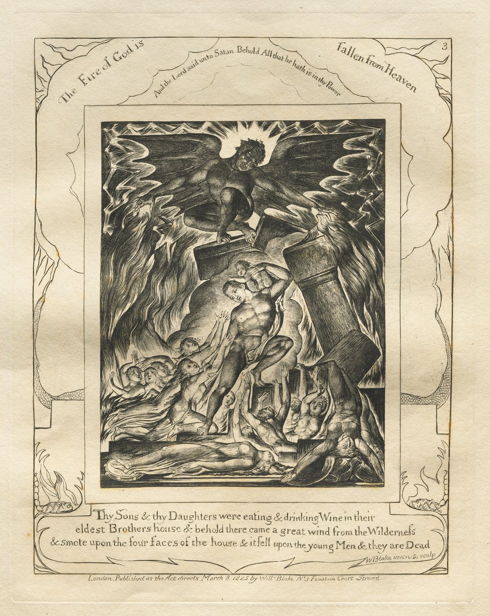 Het Boek van Job: Pl. 3, Uw zonen en dochters aten en dronken wijn in het huis van hun oudste broer door William Blake