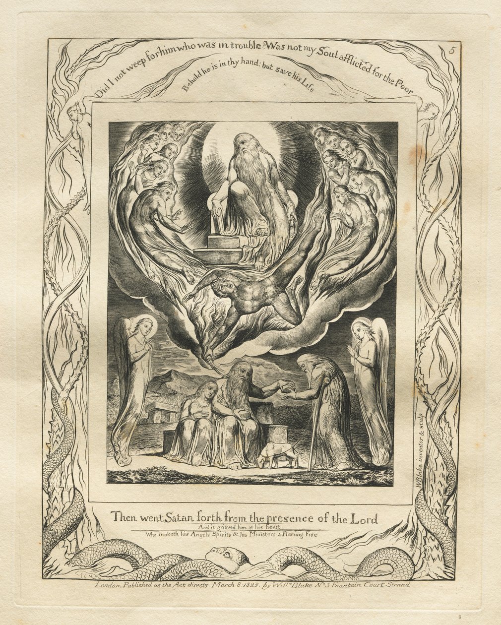 Het Boek van Job: Pl. 5, Toen ging Satan weg van het aangezicht van de Heer door William Blake