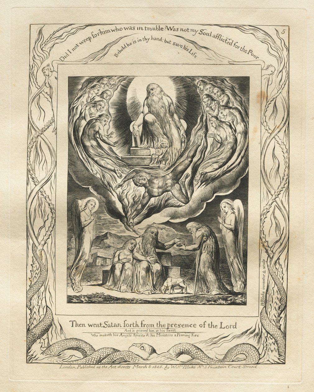 Het boek Job: Pl. 5, Toen ging Satan weg van de aanwezigheid van de Heer, 1825 door William Blake