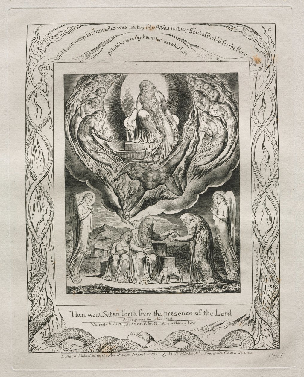 Het Boek van Job: Pl. 5, Toen ging Satan weg van de aanwezigheid van de Heer, 1825 door William Blake