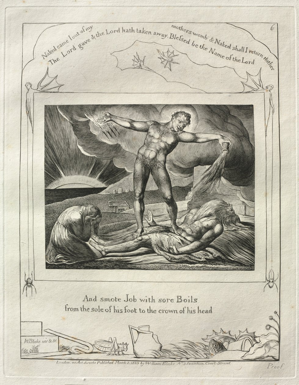 Het boek Job: Pl. 6, En sloeg Job met zere zweren van de zool van zijn voet..., 1825 door William Blake