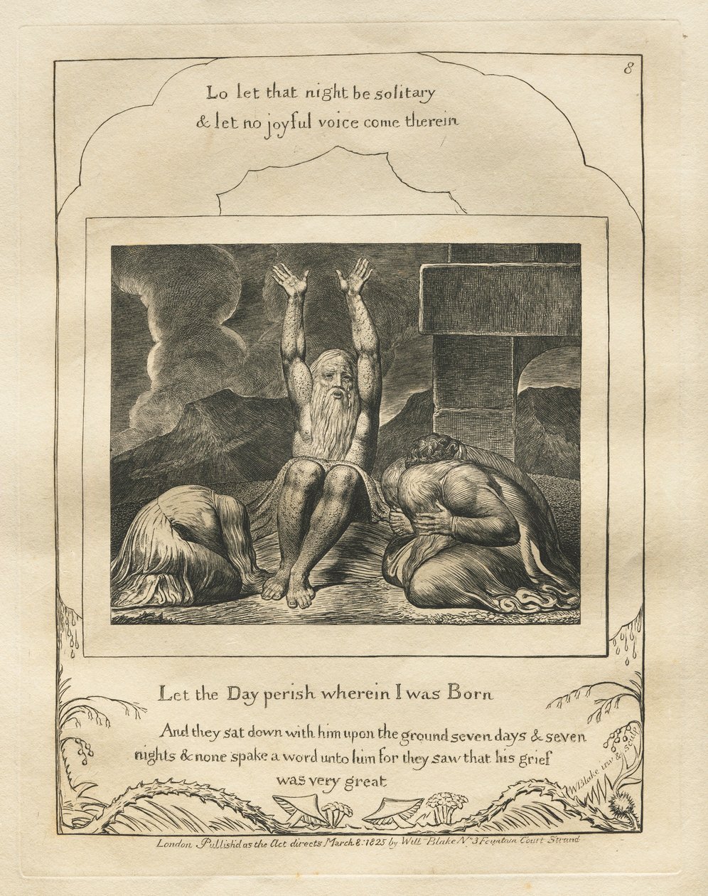 Het Boek van Job: Plaat 8, Laat de Dag vergaan waarop ik Geboren werd, 1825 door William Blake