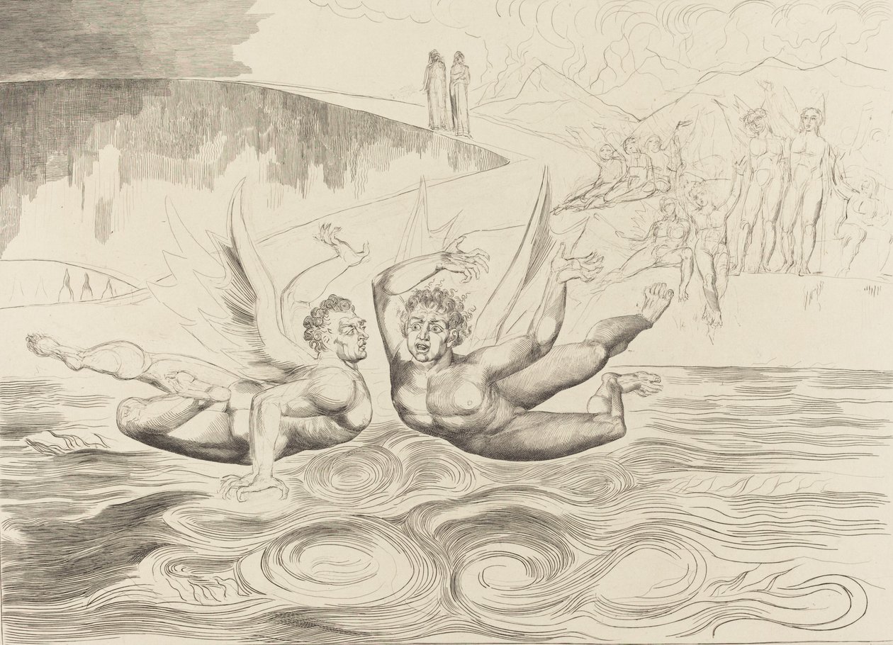 De cirkel van de corrupte ambtenaren, de duivels die elkaar verminken door William Blake