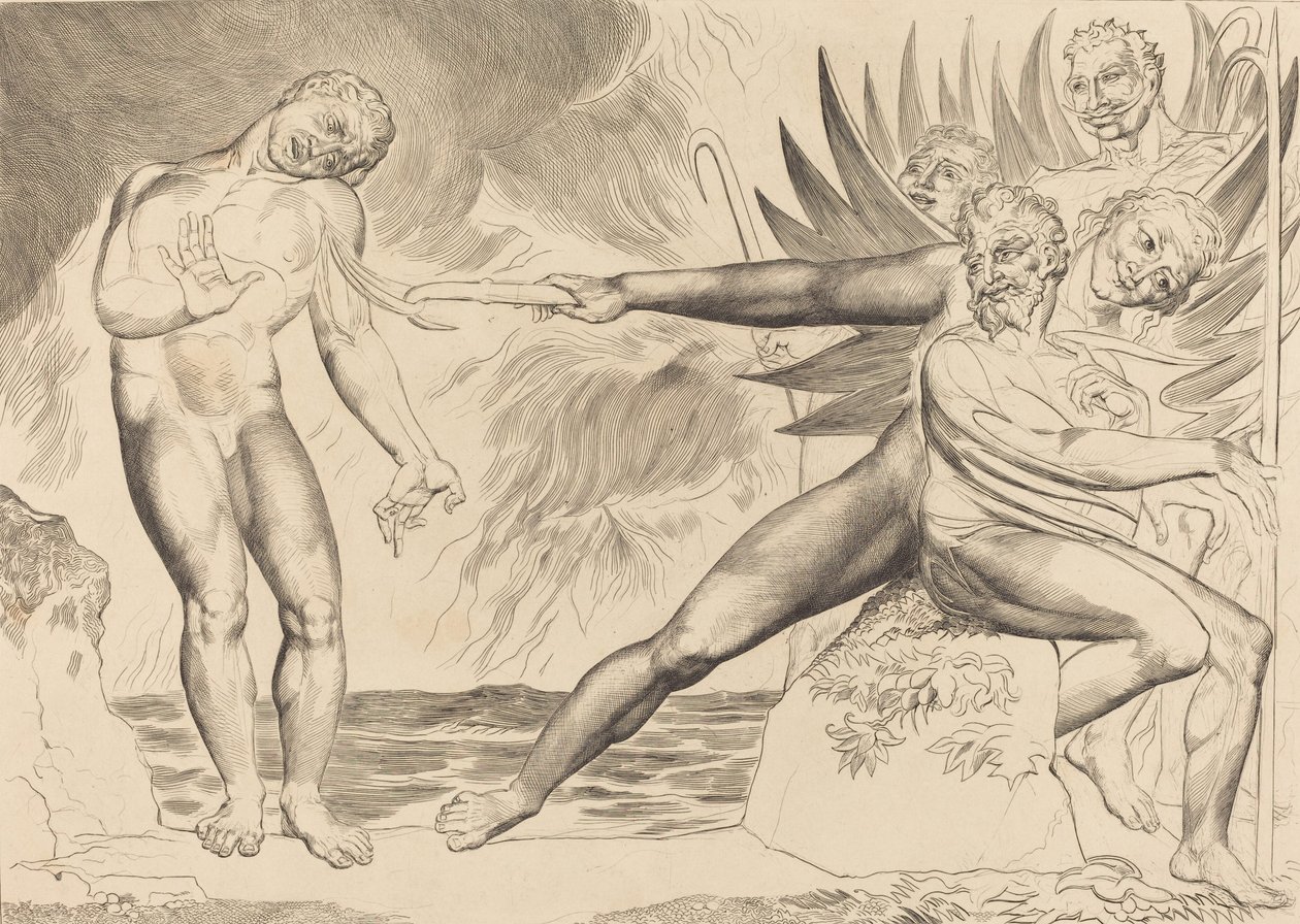 De cirkel van de corrupte ambtenaren, de duivels die Ciampolo martelen door William Blake