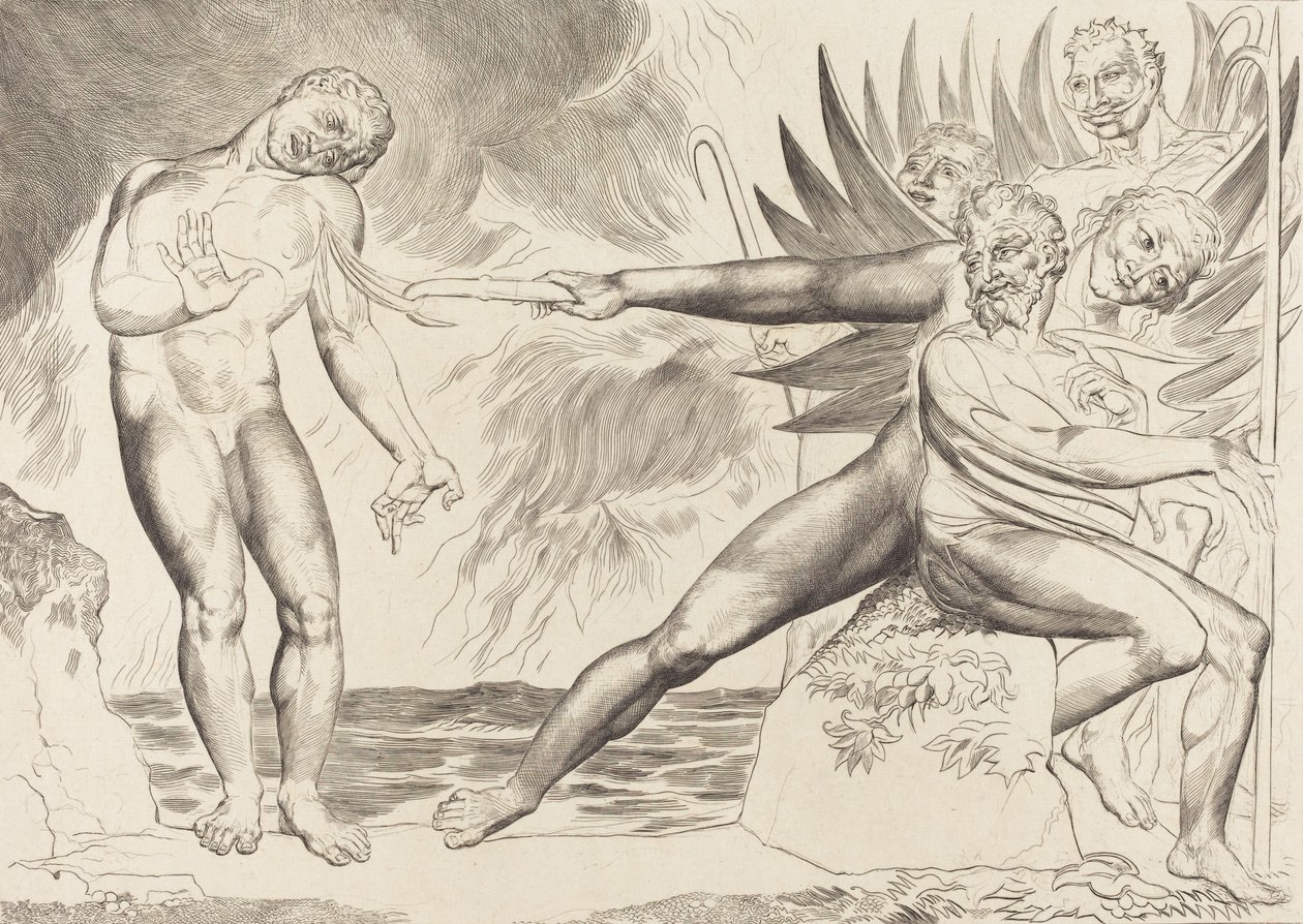 De cirkel van de corrupte ambtenaren, de duivels die Ciampolo martelen door William Blake