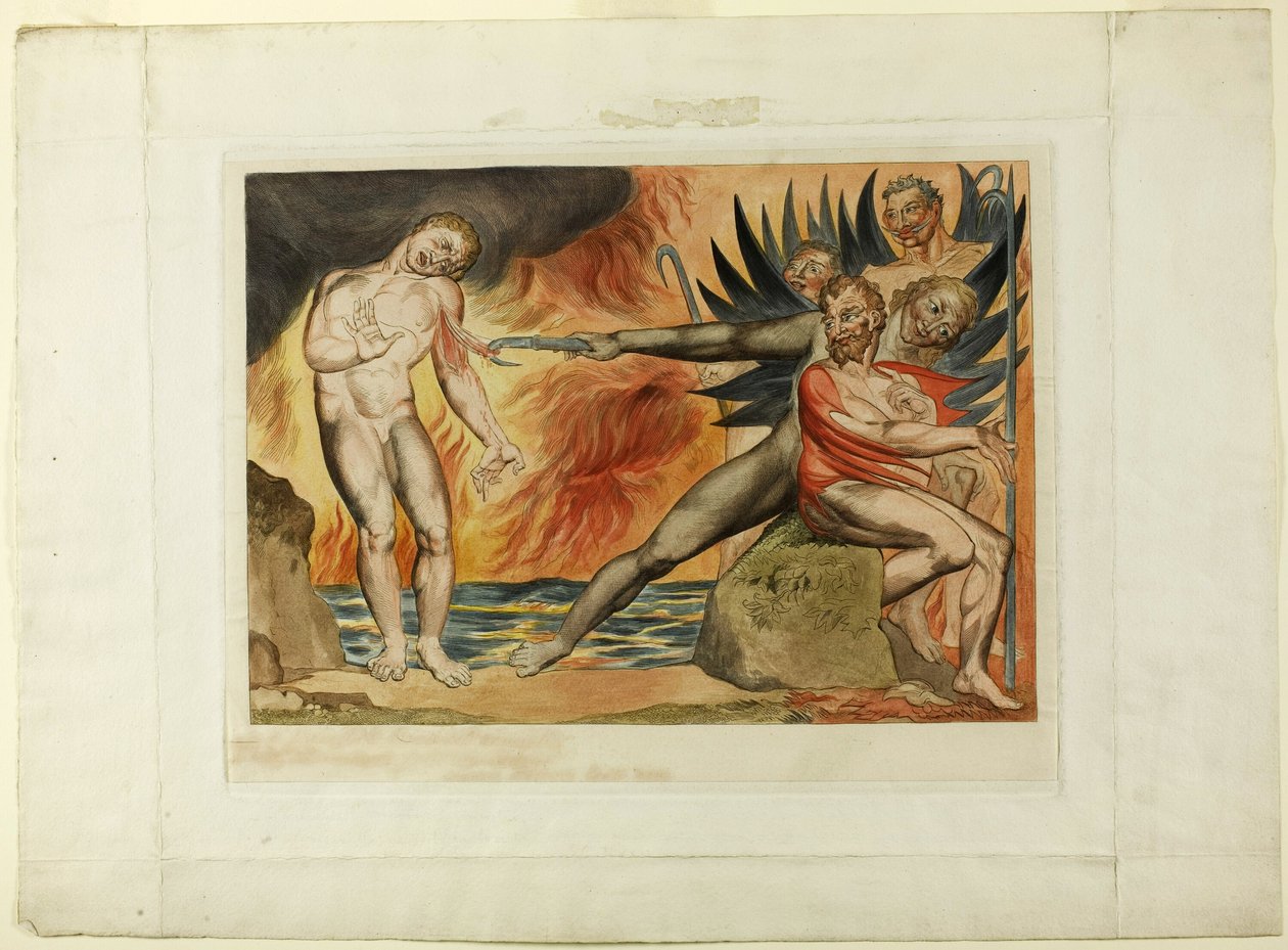 De cirkel van corrupte ambtenaren; de duivels die Ciampolo kwellen. Inferno, canto XXII door William Blake
