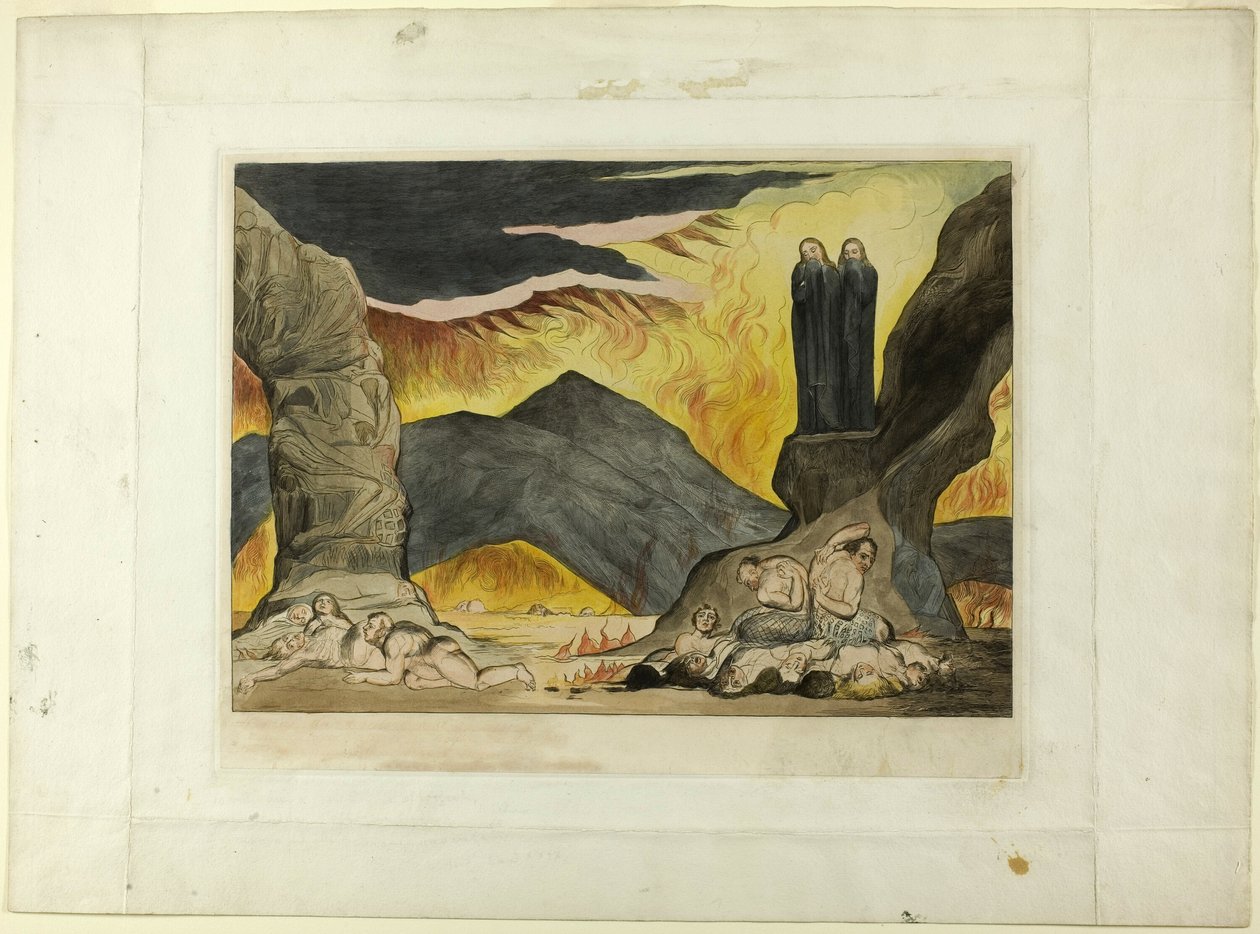 De Cirkel van de Vervalsers: Dante en Virgil Bedekken hun Neus Vanwege de Stank. Inferno, canto XXIX door William Blake