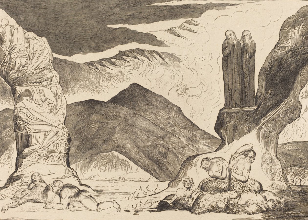 De Cirkel van de Vervalsers: Dante en Vergilius Bedekken hun Neus vanwege de stank, 1827 door William Blake