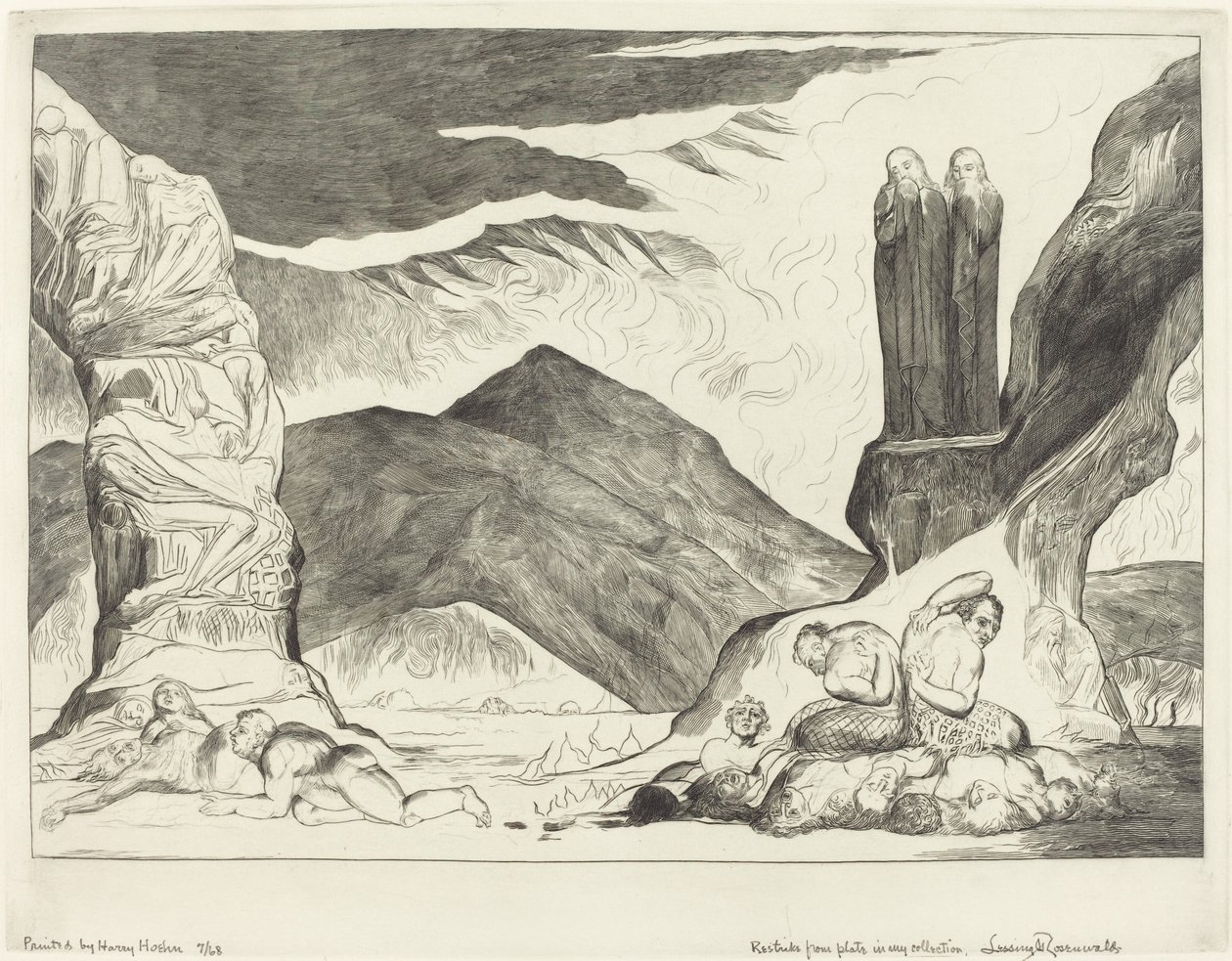 De Cirkel van de Vervalsers; Dante en Vergilius die hun Neus Bedekken vanwege de Stank door William Blake
