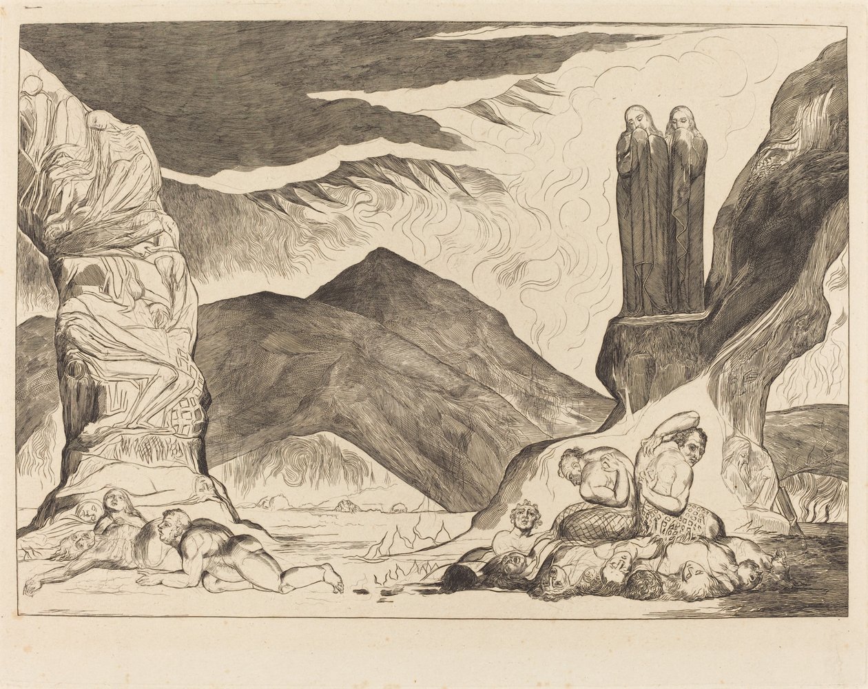 De Cirkel van de Vervalsers; Dante en Vergilius die hun Neus Bedekken vanwege de Stank door William Blake