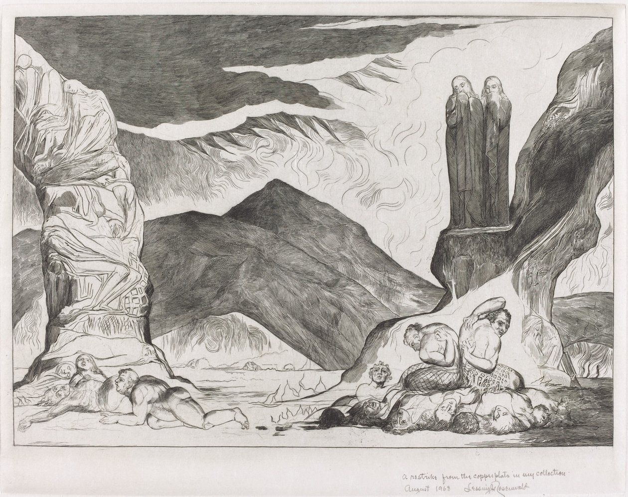 De Cirkel van de Vervalsers; Dante en Vergilius die hun Neus Bedekken vanwege de Stank door William Blake