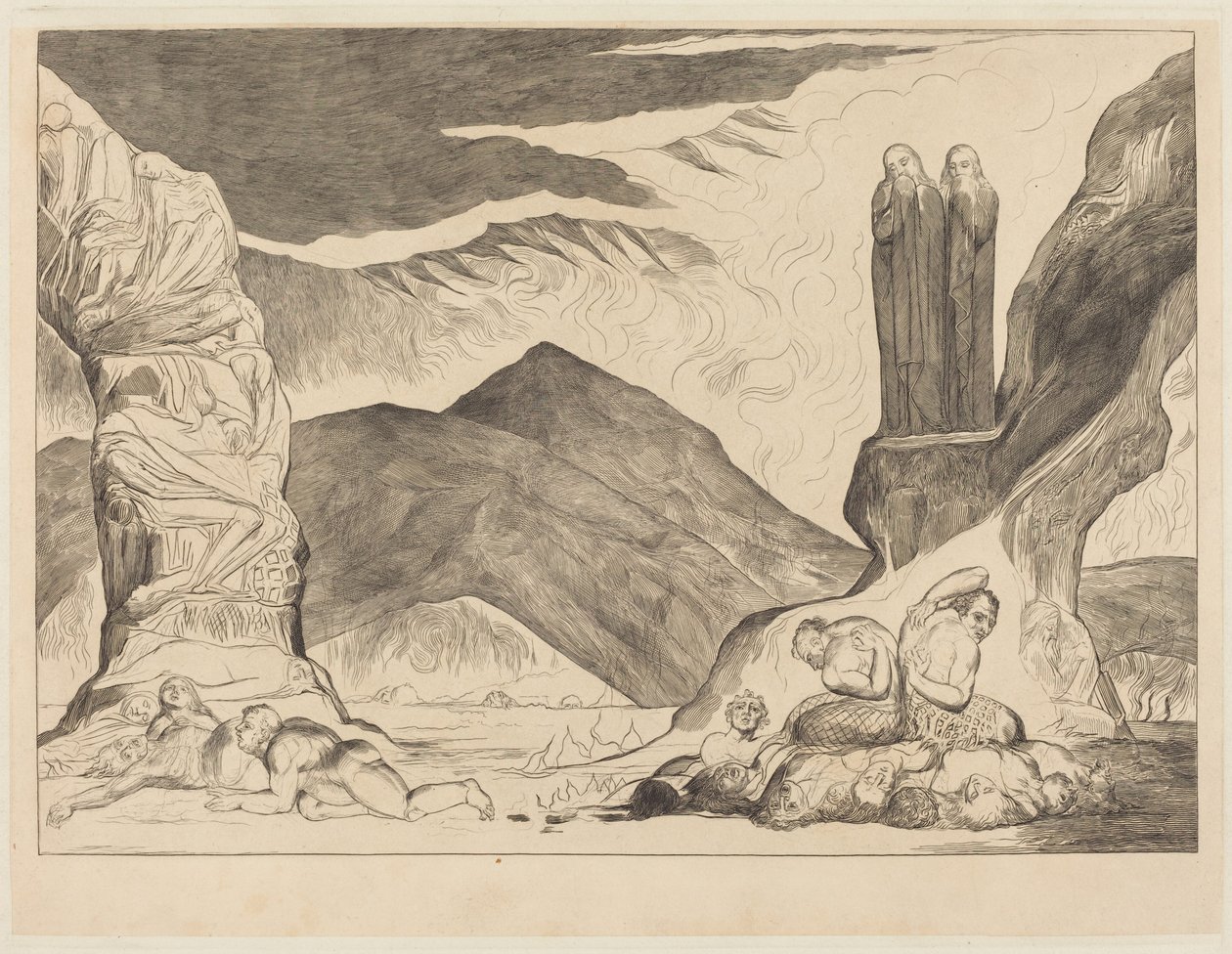 De cirkel van de vervalsers: Dante en Vergilius die hun neus bedekken vanwege de st door William Blake