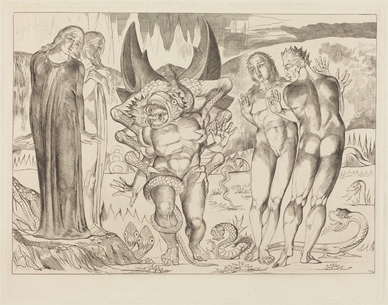 De kring van de dieven; Agnolo Brunelleschi aangevallen door een zesslangige slang door William Blake