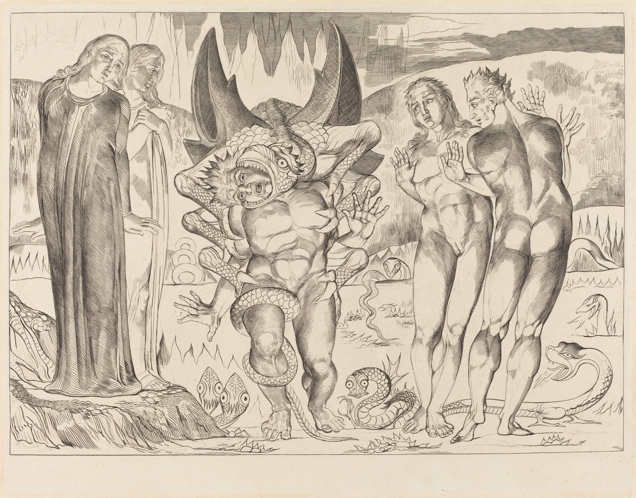 De Cirkel van de Dieven, Agnolo Brunelleschi Aangevallen door een Zesvoetige Slang door William Blake