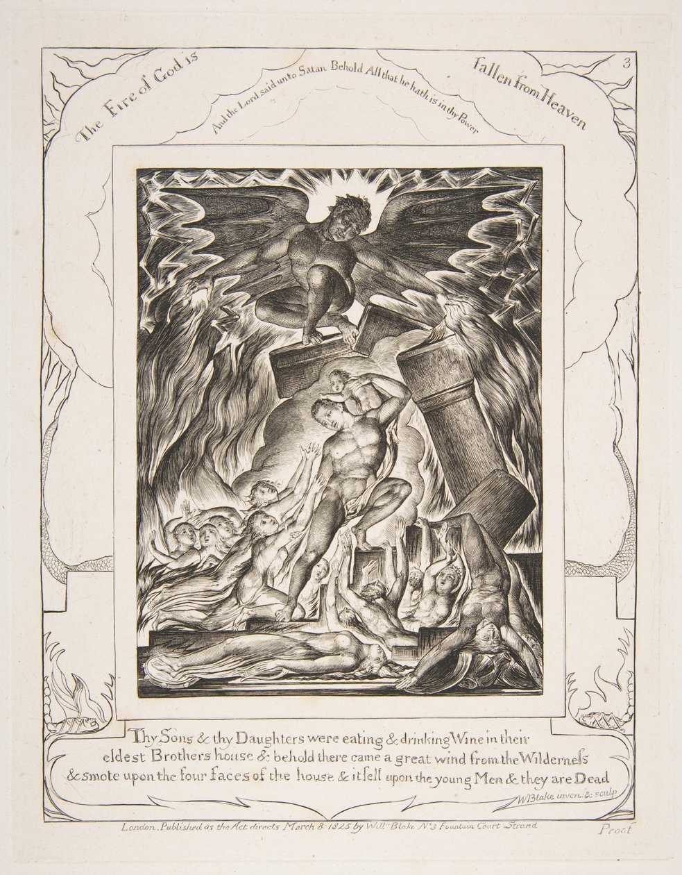 De vernietiging van Jobs zonen, uit Illustraties van het Boek Job, 1825-26 door William Blake