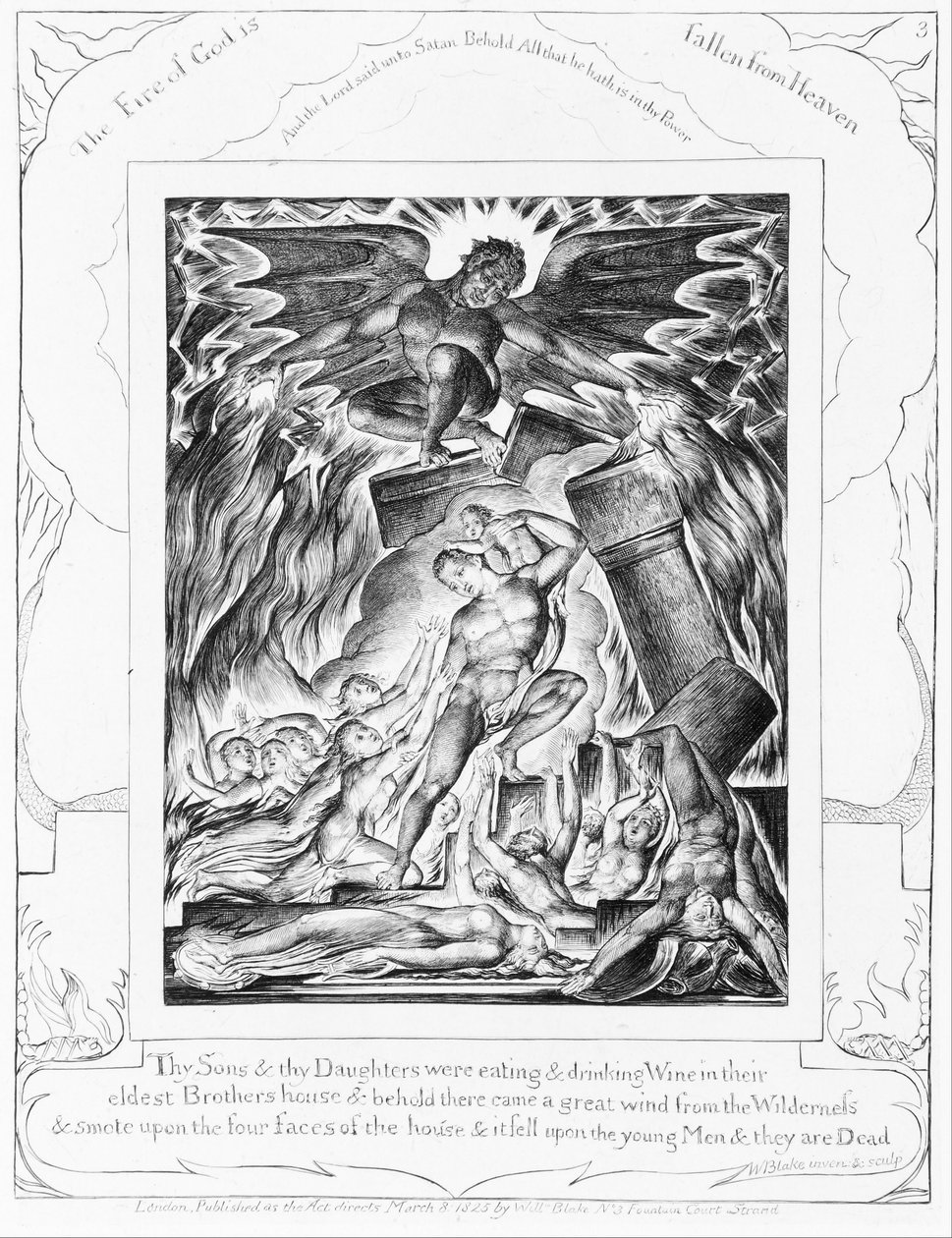 De vernietiging van Jobs zonen, plaat 3 uit „Illustraties bij het Boek Job“ door William Blake