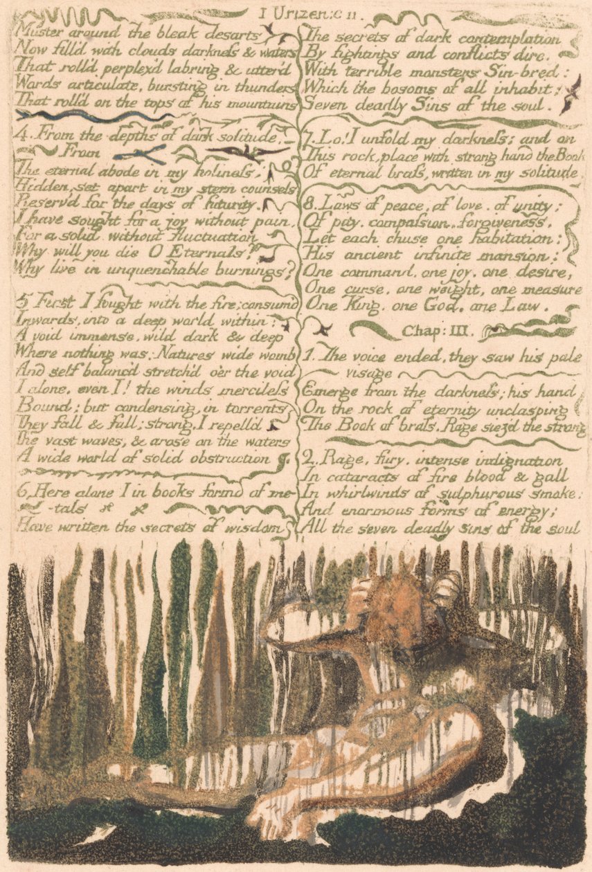 Het Eerste Boek van Urizen, Plaat 4, "Verzamel rond de kale woestijnen..." (Bentley 4) door William Blake