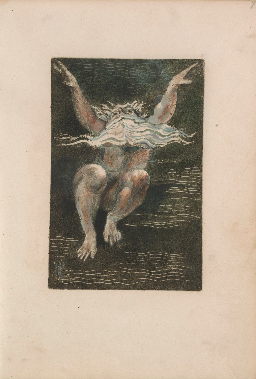 Het Eerste Boek van Urizen, pl.7 (Een naakte man met een zwevende witte baard die lijkt te stijgen in diep water) door William Blake