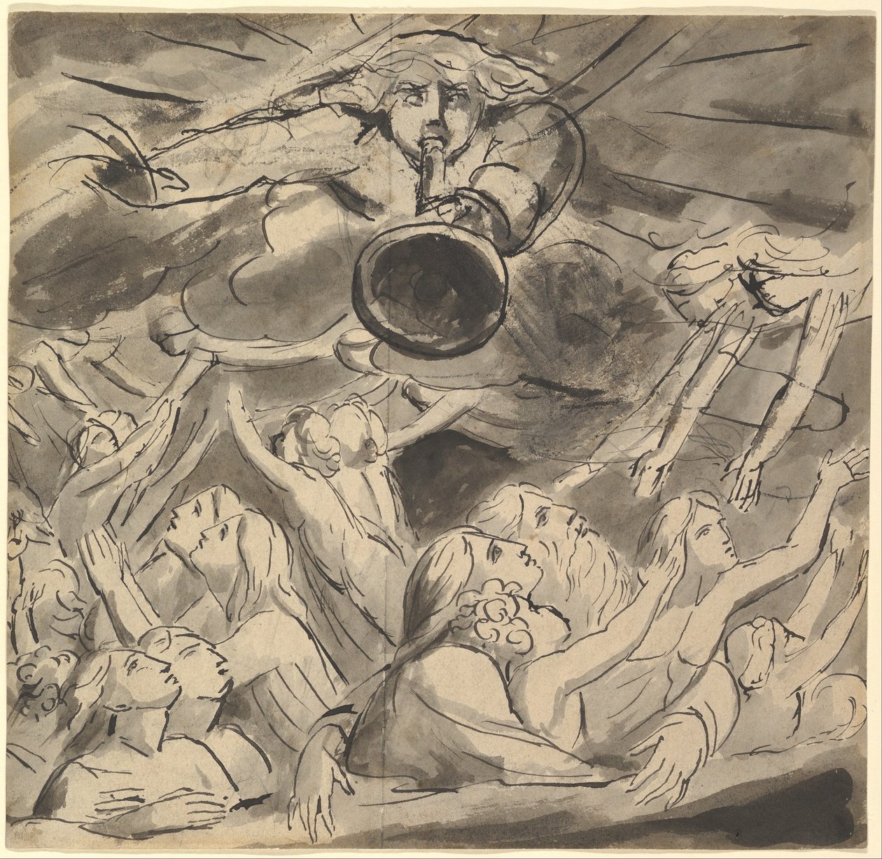 De laatste trompet (recto); twee studies van een rechteroog, het profiel van een jonge man met open mond, de kop van een adelaar en de kop van een leeuw (verso) door William Blake