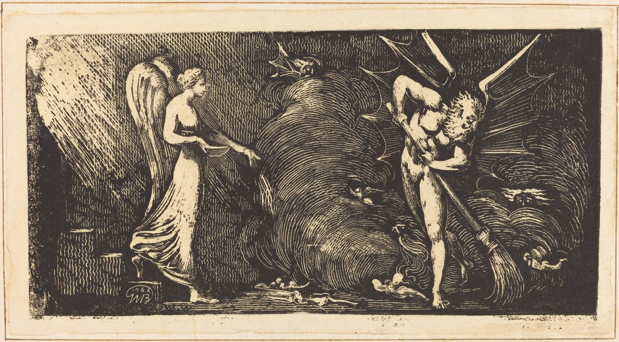 De man die de kamer van de tolk veegt door William Blake