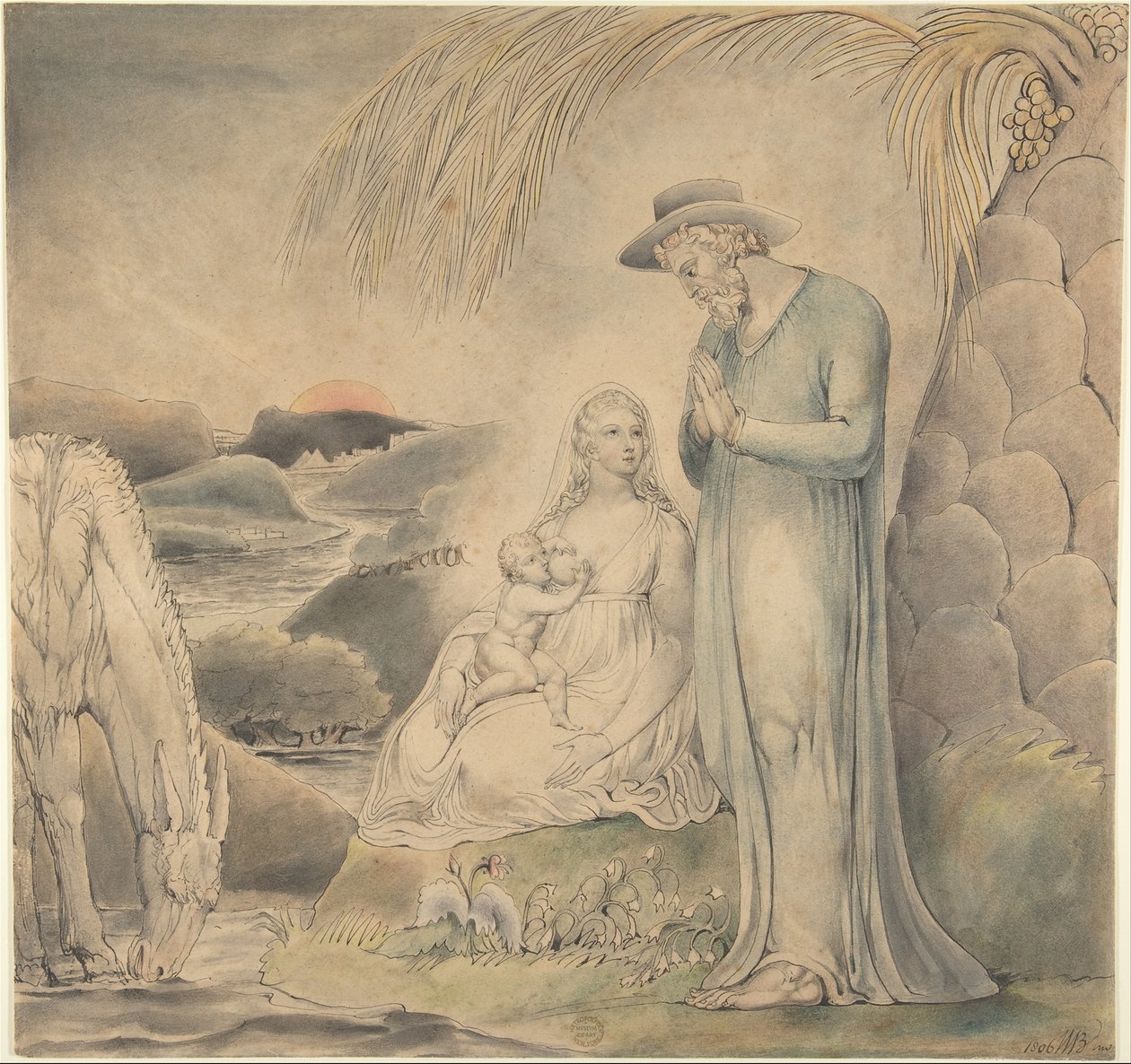 De rust tijdens de vlucht naar Egypte (De rust van de Heilige Familie in Egypte) door William Blake