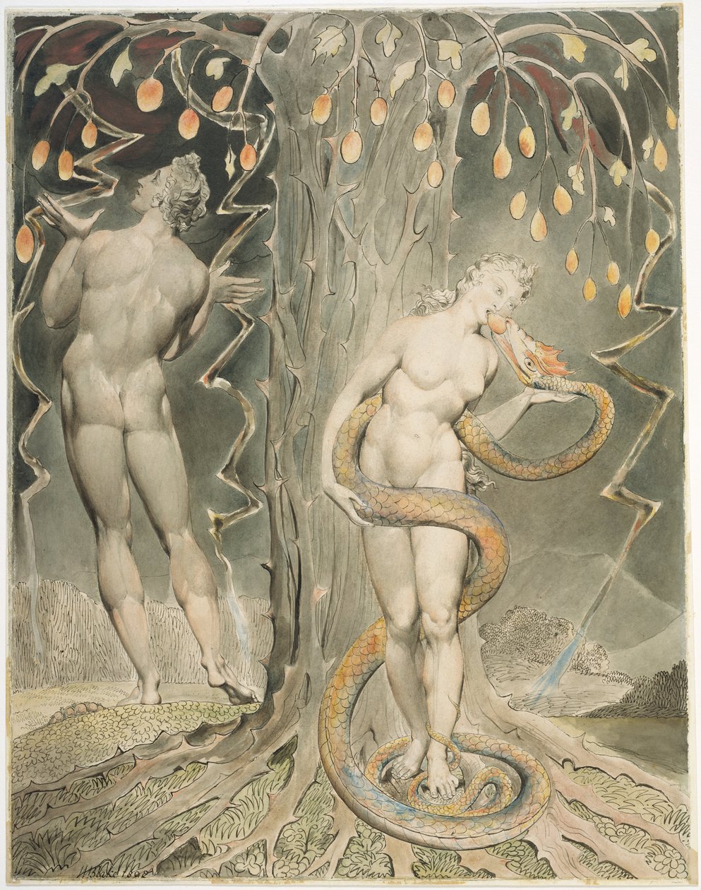 De verleiding en de zondeval van Eva (illustratie bij Miltons „Paradise Lost“) door William Blake