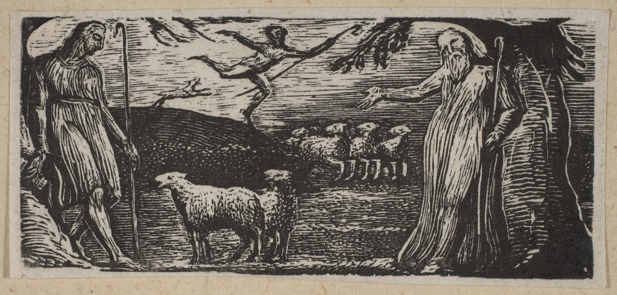 Thenot berispt Colinet, Lightfoot op de achtergrond, uit Thorntons Pastorals door William Blake