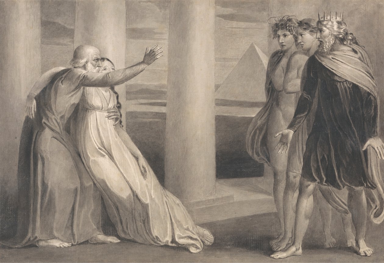 Tiriel ondersteunt de stervende Myratana en vervloekt zijn zonen door William Blake