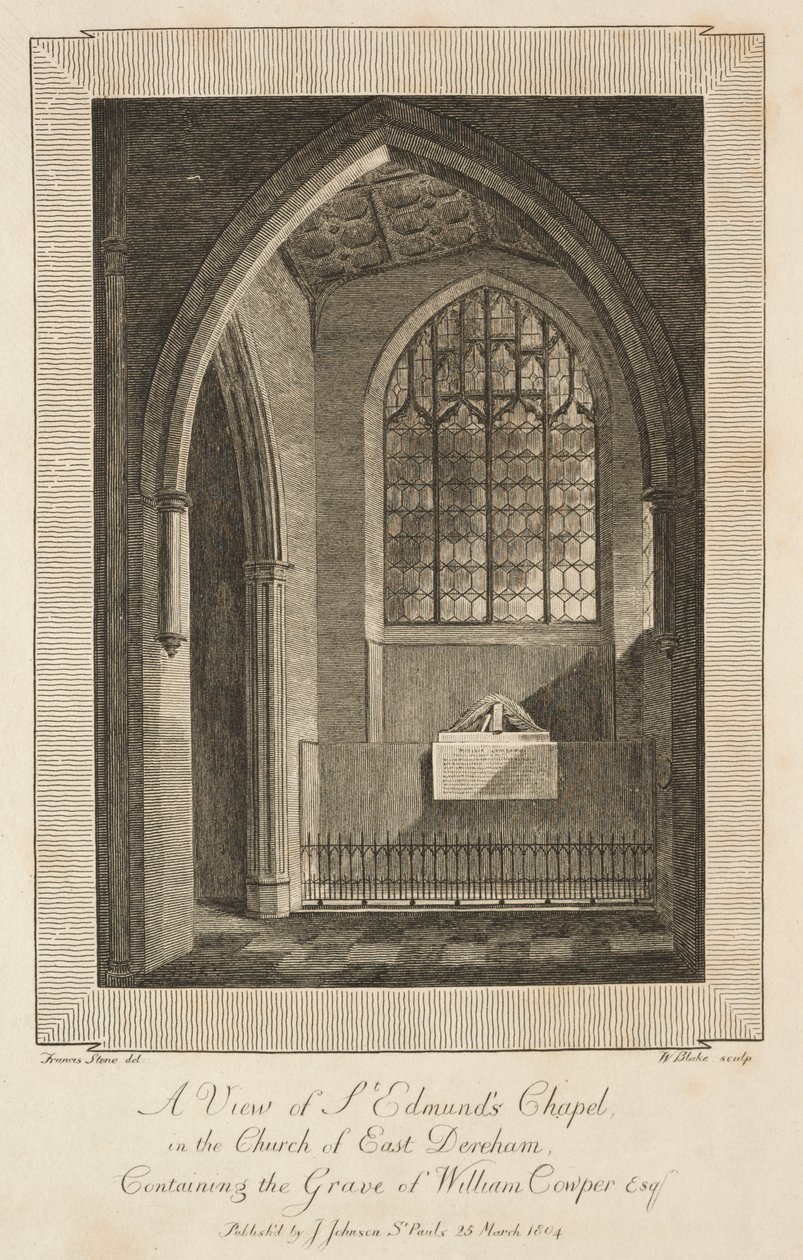 Uitzicht op de kapel van St. Edmund in de kerk van East Dereham, met het graf van William Cowper Esquire door William Blake
