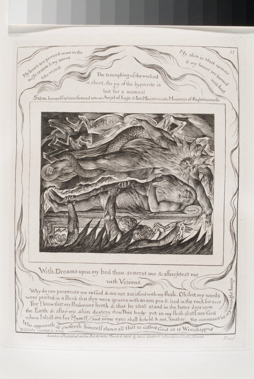 Met Dromen Op Mijn Bed Schrik Je Mij (gravure op india papier chine collé) door William Blake