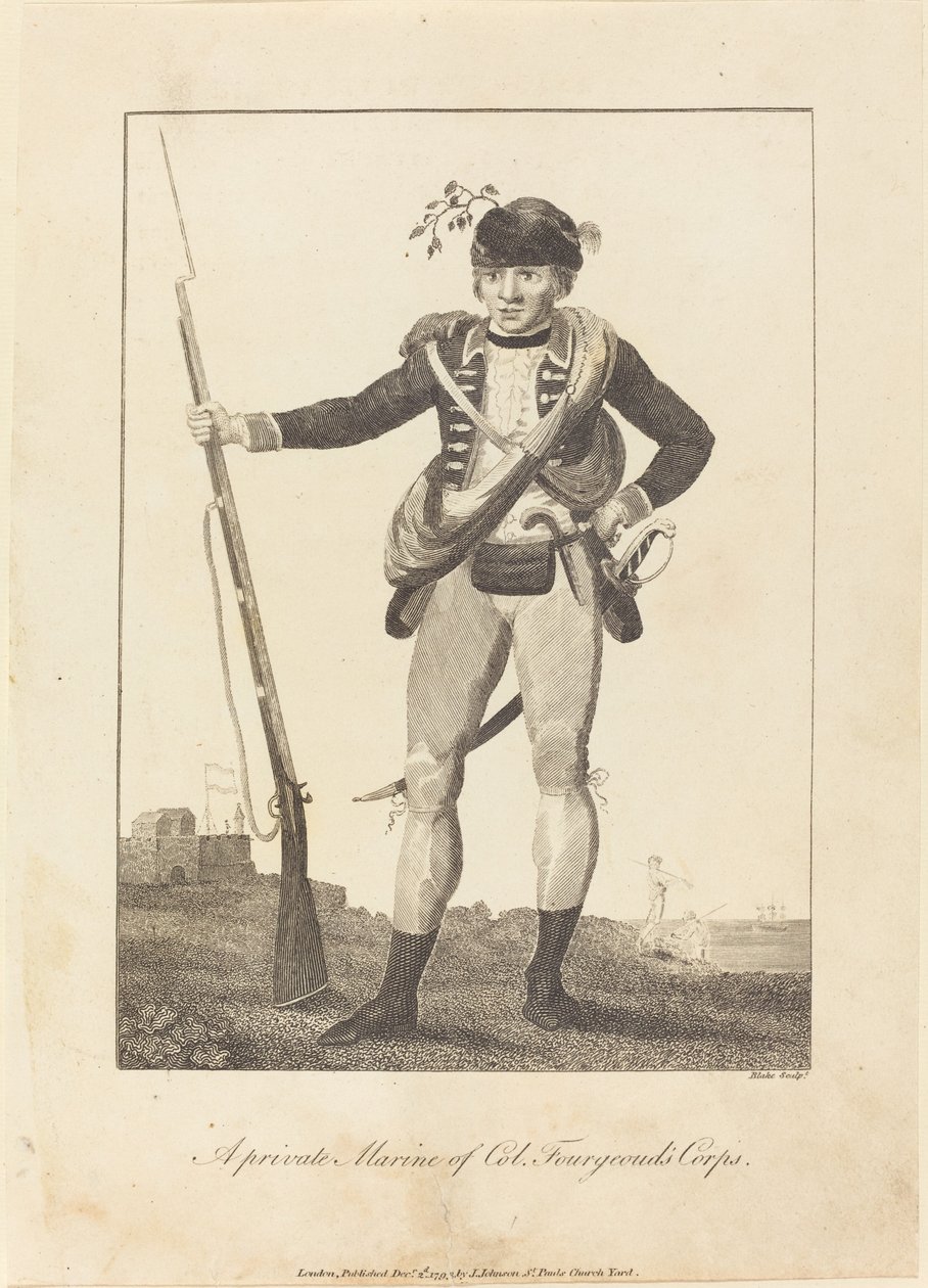 Een privé-marinier van het korps van Kol. Fourgeoud door William Blake after John Gabriel Stedman