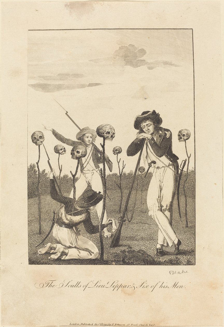 De schedels van luitenant Leppar en zes van zijn mannen door William Blake after John Gabriel Stedman