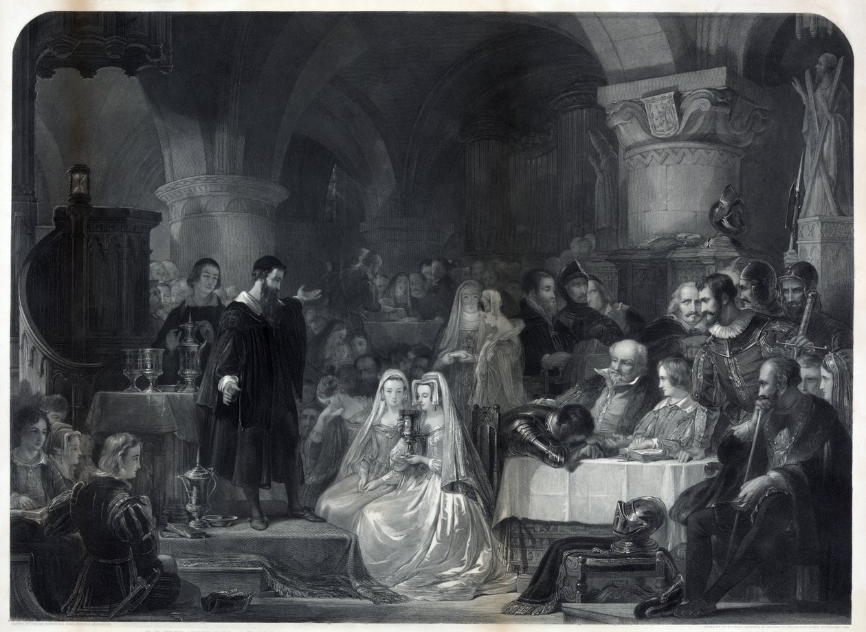 John Knox geeft de eerste protestantse communie, pub. 1849 door William Bonner