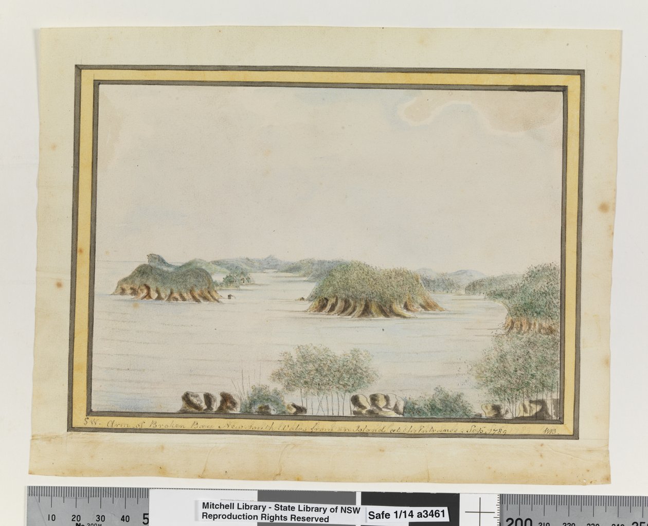 ZW. Arm van Broken Bay New South Wales vanaf een Eiland bij de Ingang. Sepr 1789 door William Bradley