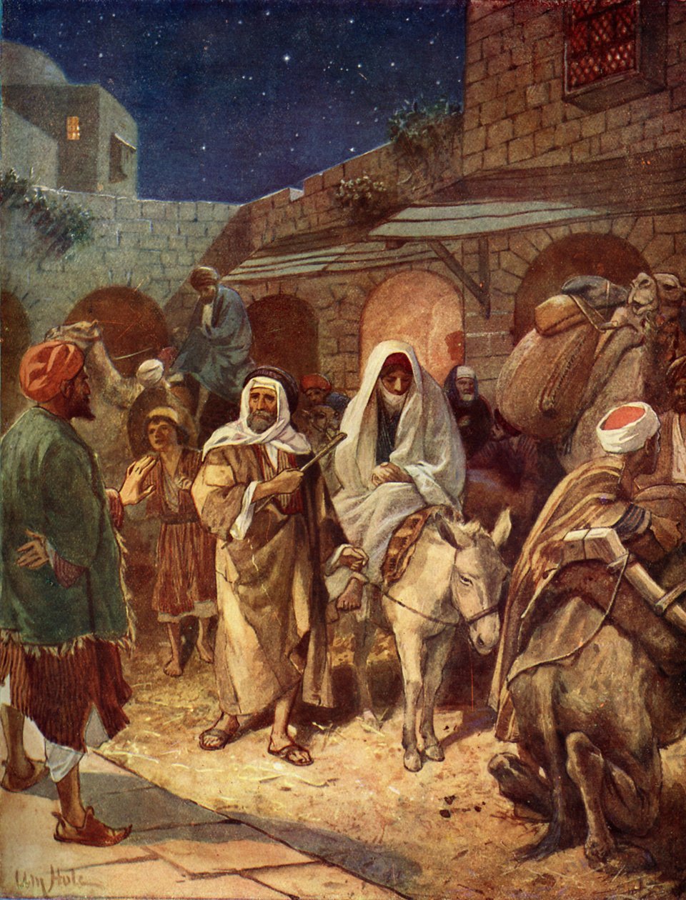 Maria en Jozef komen Bethlehem binnen - Bijbel door William Brassey Hole