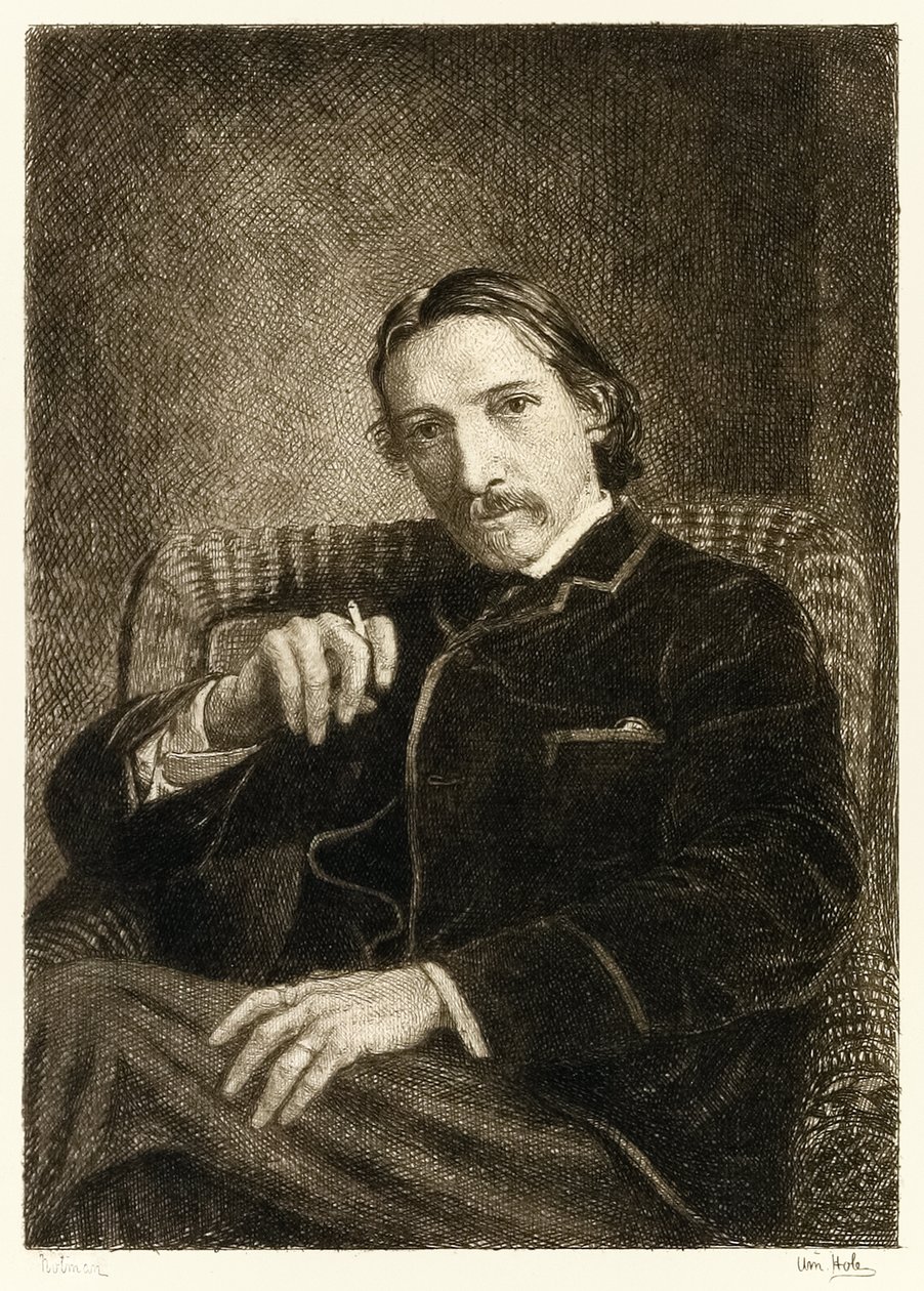 Robert Louis Stevenson (1850-1894) Britse auteur, vooral bekend om zijn bestsellers Schateiland, Ontvoerd en De vreemde zaak van Dr. Jekyll en Mr. Hyde. Illustratie door William Brassey Hole door William Brassey Hole