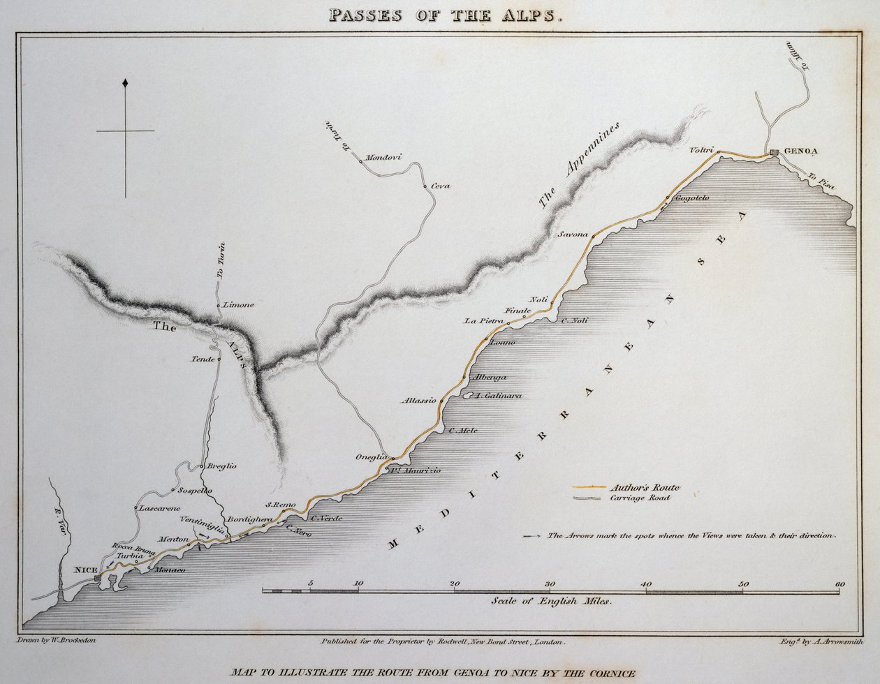 Kaart van passen in de Maritieme Alpen, kustweg tussen Genua en Nice, uit Illustraties van de passen van de Alpen waarmee Italië communiceert met Frankrijk, Zwitserland en Duitsland, door William Brockedon door William Brockedon