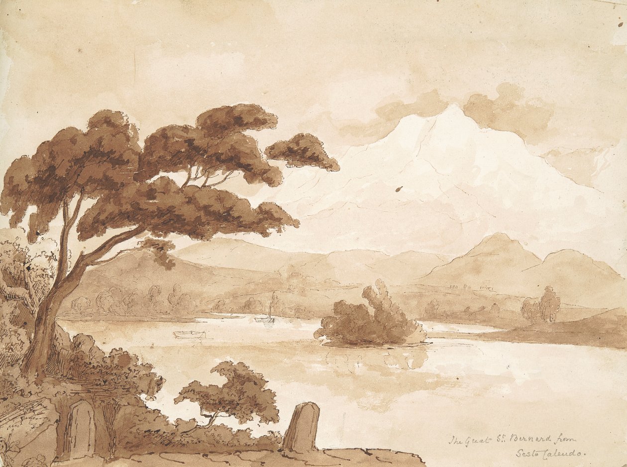 recto: Landschap met meer en bergen door William Brockedon