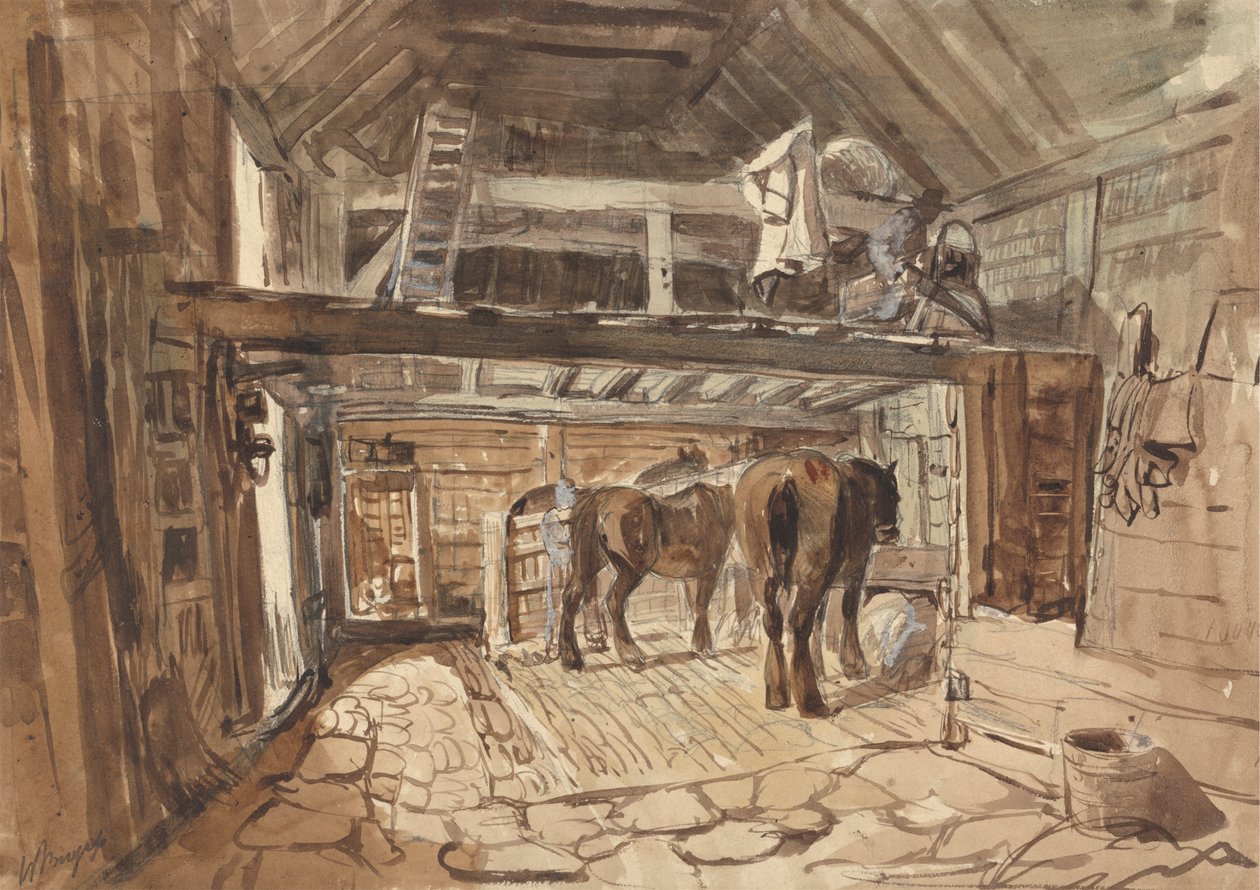 Interieur van een stal, met twee paarden die eten door William Burgess