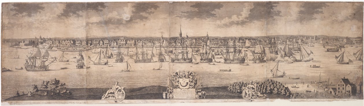 Een zuidelijk uitzicht op de bloeiende stad New York in de provincie New York in Amerika, gegraveerd door John Harris, 1717-18 door William Burgis