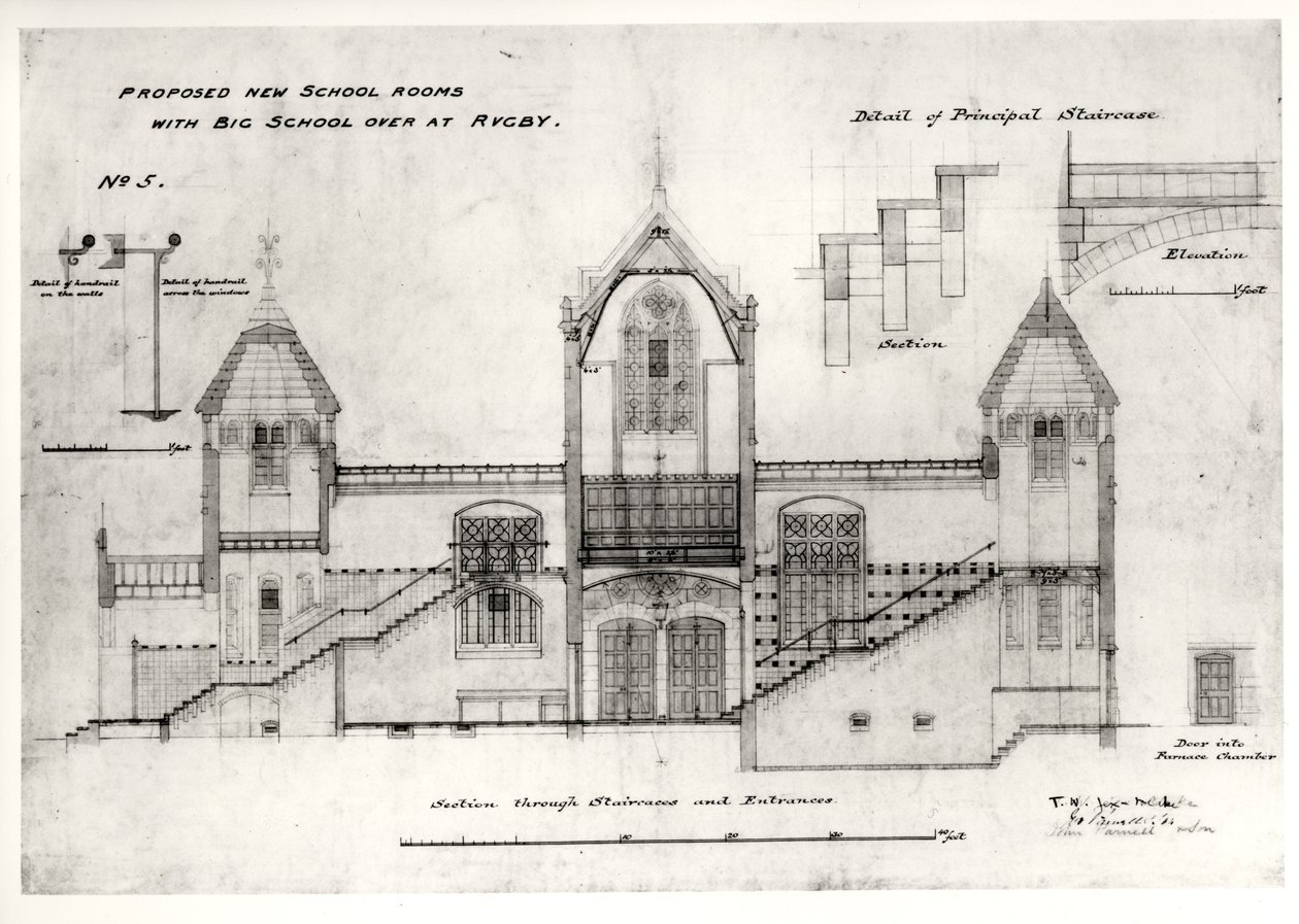 Details van ingangen, trappen, ovenkamerdeur en leuningen, (New Big School), Rugby School, 1844 door William Butterfield