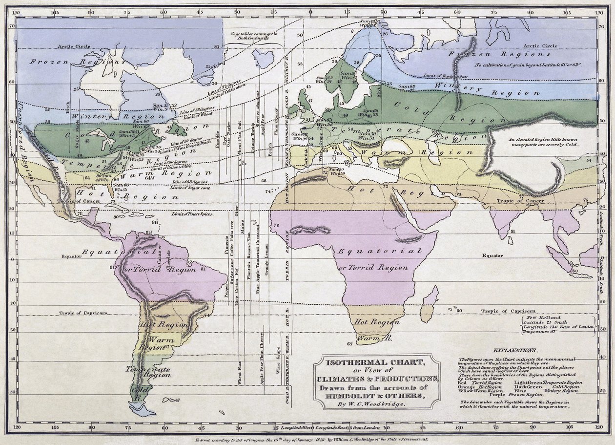 Isothermische kaart, of, overzicht van klimaten en producties, illustratie uit verslagen van Alexander von Humboldt, 1823 door William C. Woodbridge
