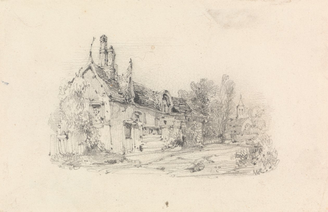 Boerderij met kerk in de verte door William Callow