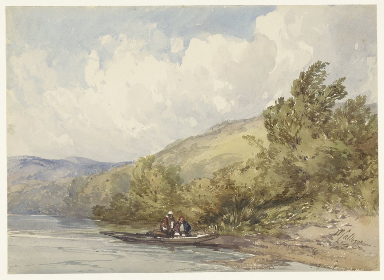 Heuvellandschap met een meer en een boot met twee figuren door William Callow
