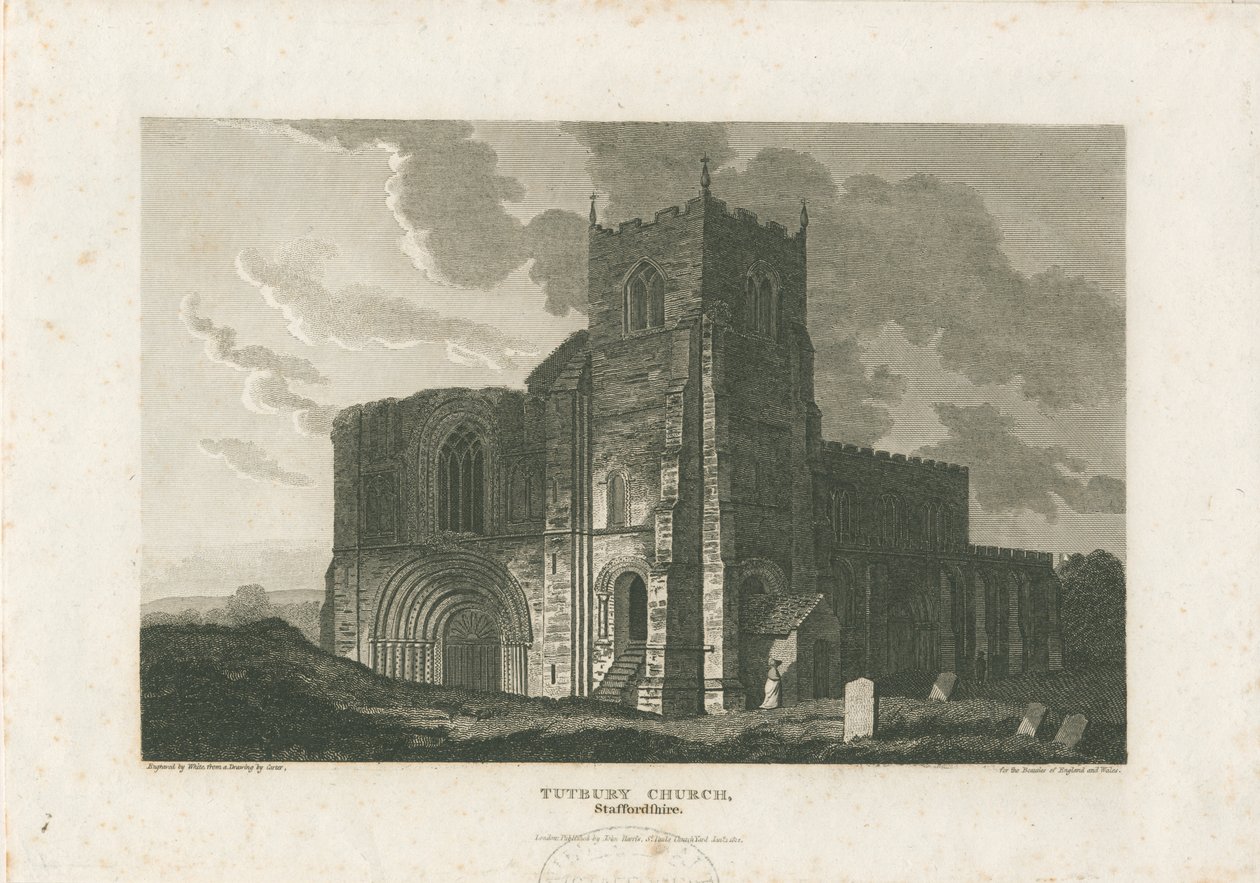 Tutbury Priory Kerk (gravure) door William Carter