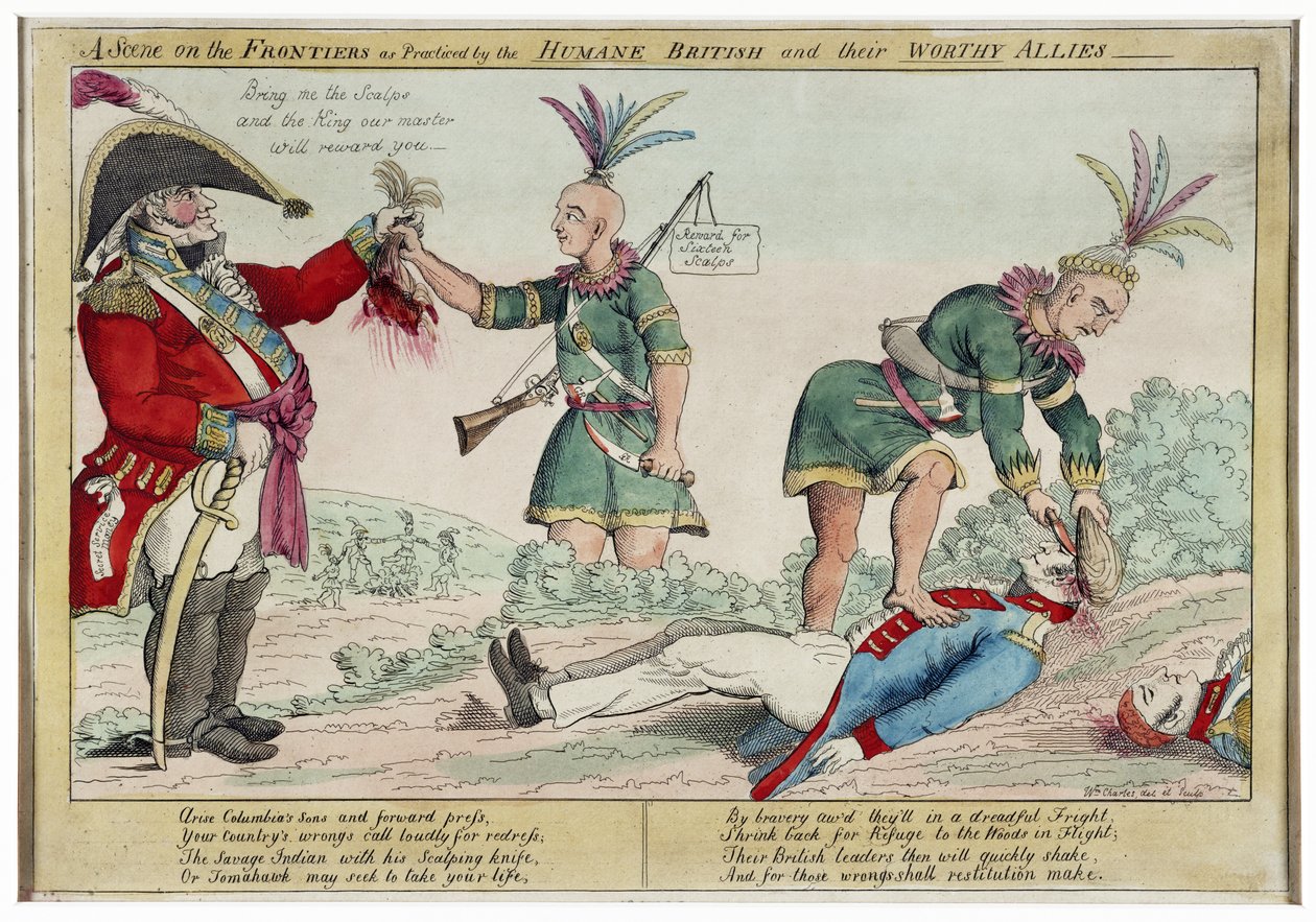 Een scène aan de grenzen zoals beoefend door de humane Britten en hun waardige bondgenoten, pub. 1812 door William Charles